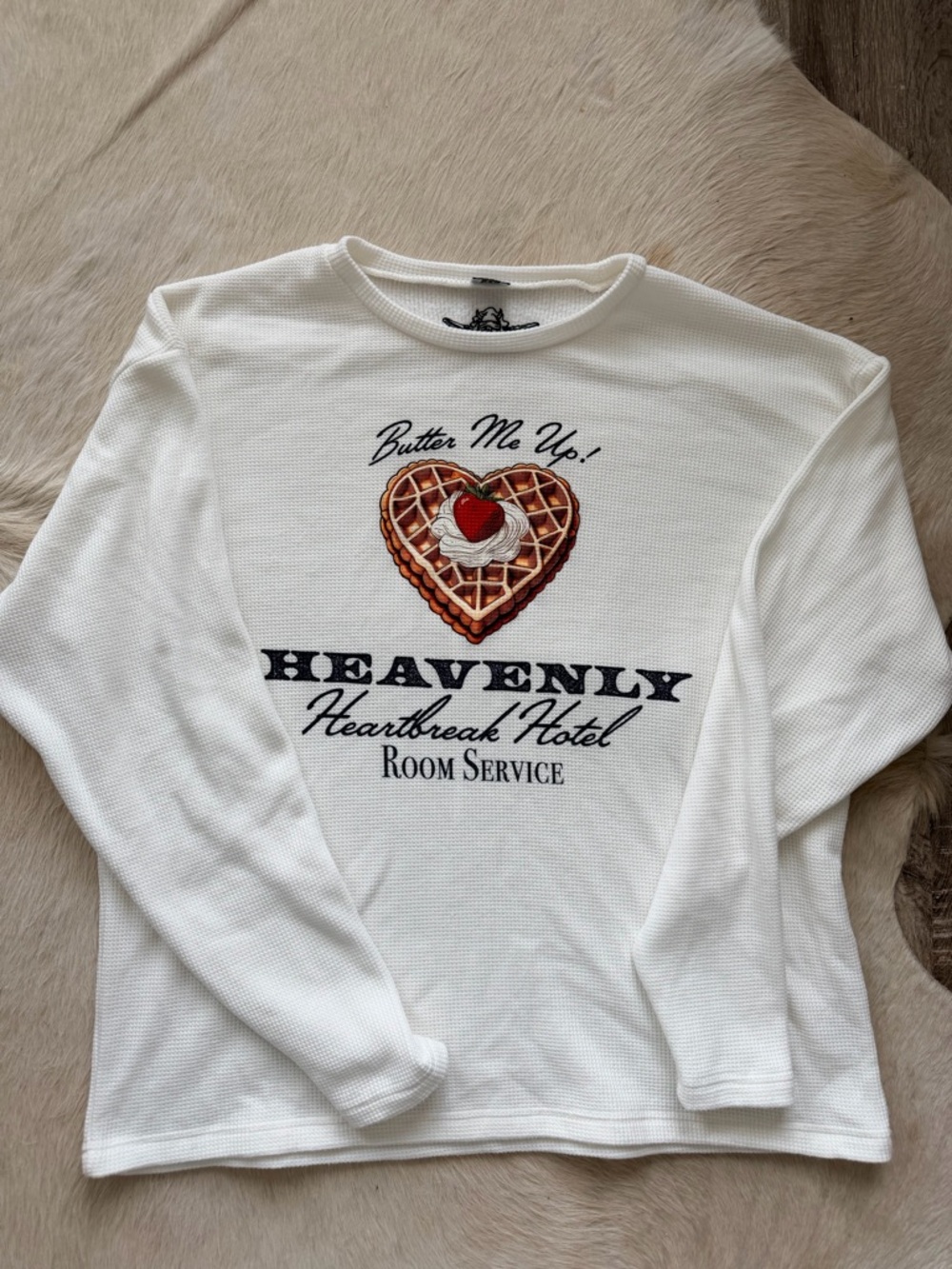 NWOT - Boys Lie White Waffle Knit Crewneck Sweater with Waffle Heart Graphic